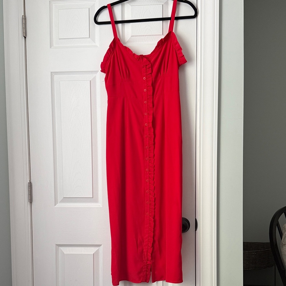 Topshop Red Midi Dress with Button-Front and Ruffle Trim